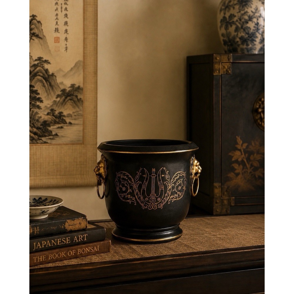 Vtg Lenwile Ardalt Japan #7204 Black Gold Hand painted Cachepot Planter
